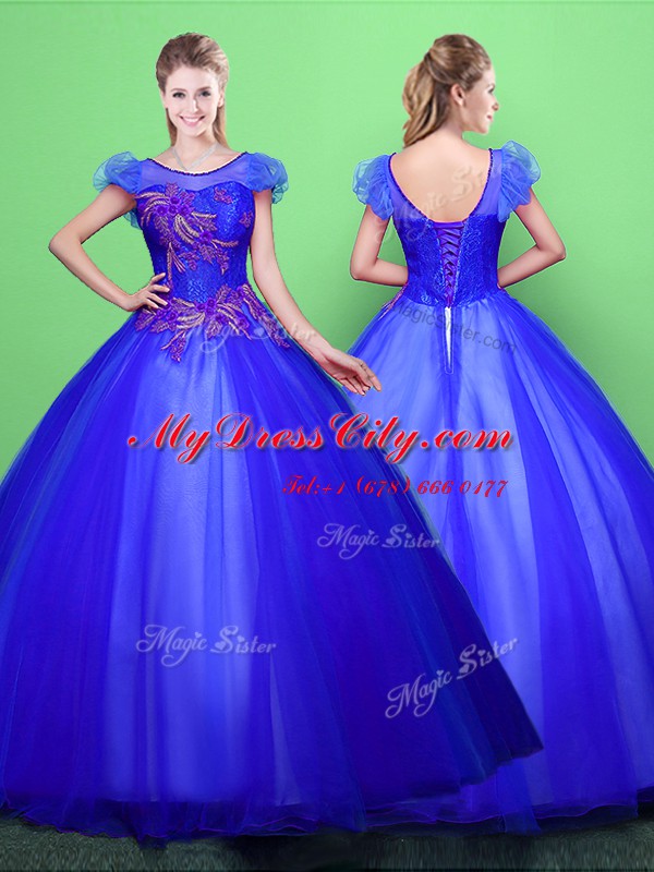 Flirting Scoop Blue Ball Gowns Appliques Ball Gown Prom Dress Lace Up Tulle Short Sleeves Floor Length