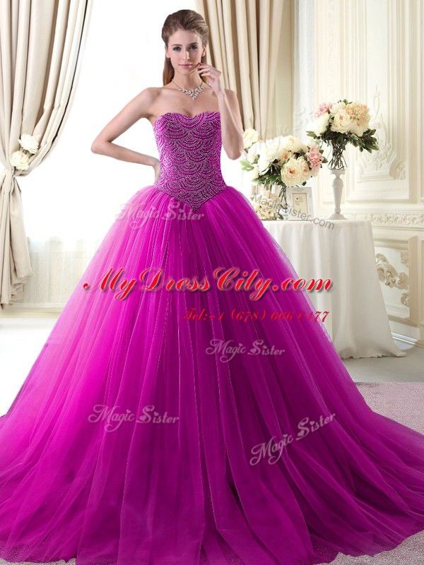 Flare With Train Fuchsia Quinceanera Dress Tulle Brush Train Sleeveless Beading