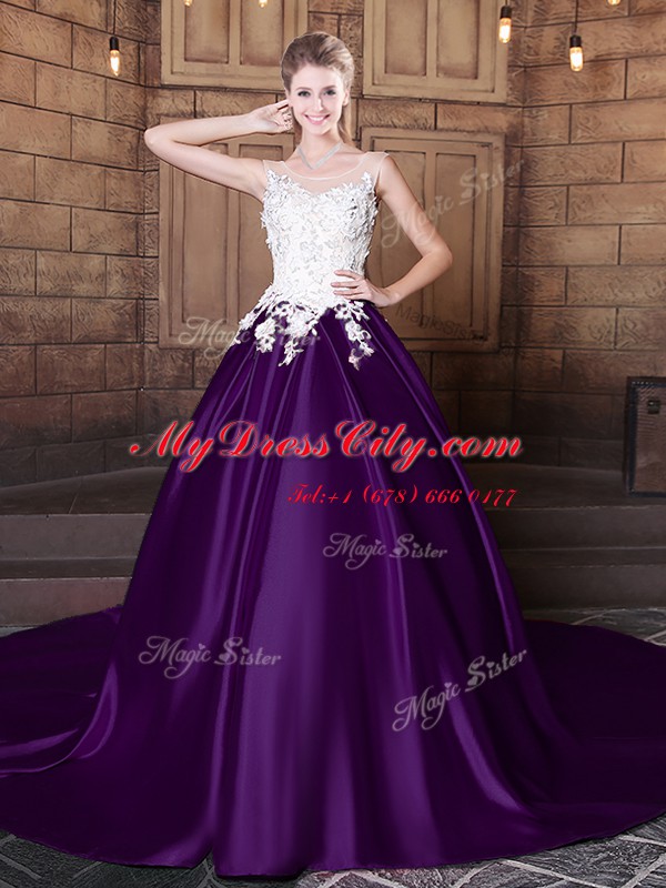 Comfortable Dark Purple Ball Gowns Scoop Sleeveless Elastic Woven Satin With Train Court Train Lace Up Lace and Appliques Quinceanera Gown