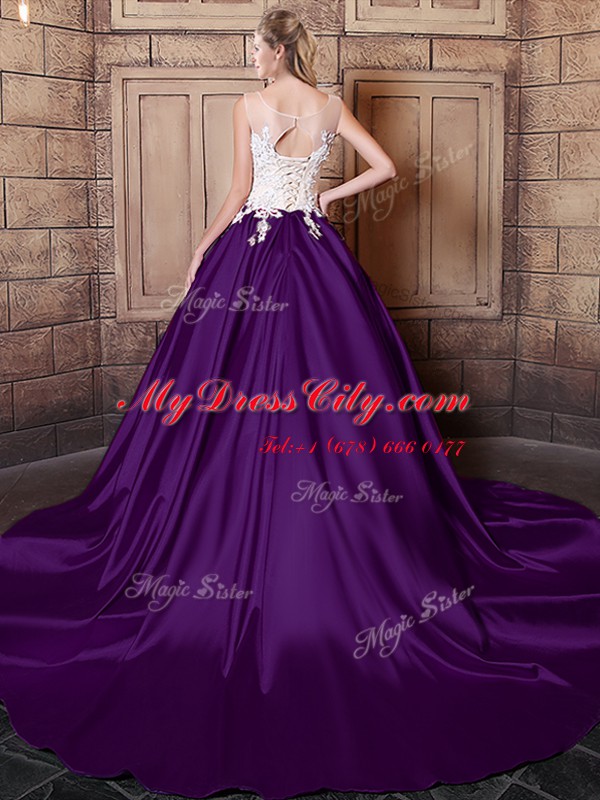 Comfortable Dark Purple Ball Gowns Scoop Sleeveless Elastic Woven Satin With Train Court Train Lace Up Lace and Appliques Quinceanera Gown