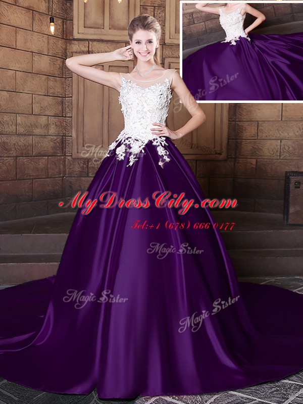 Comfortable Dark Purple Ball Gowns Scoop Sleeveless Elastic Woven Satin With Train Court Train Lace Up Lace and Appliques Quinceanera Gown