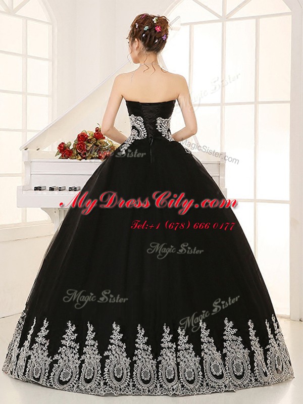 Excellent Black Ball Gowns Sweetheart Sleeveless Tulle Floor Length Lace Up Beading and Appliques Quinceanera Gowns