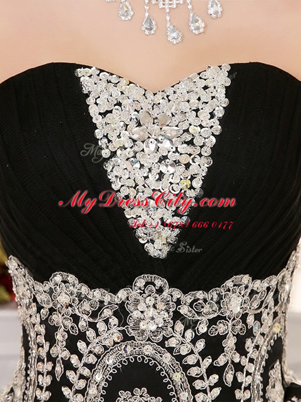 Excellent Black Ball Gowns Sweetheart Sleeveless Tulle Floor Length Lace Up Beading and Appliques Quinceanera Gowns