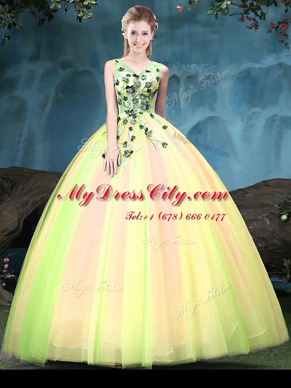 Low Price V-neck Sleeveless Lace Up Sweet 16 Quinceanera Dress Multi-color Tulle