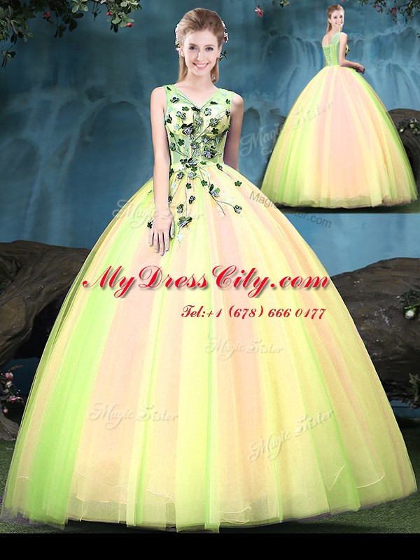 Low Price V-neck Sleeveless Lace Up Sweet 16 Quinceanera Dress Multi-color Tulle