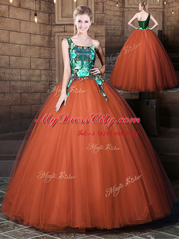 Rust Red One Shoulder Neckline Pattern Sweet 16 Dress Sleeveless Lace Up