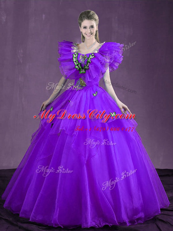 Purple Sleeveless Floor Length Appliques and Ruffles Lace Up Sweet 16 Quinceanera Dress