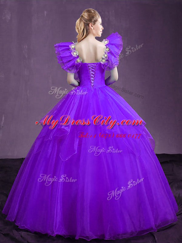 Purple Sleeveless Floor Length Appliques and Ruffles Lace Up Sweet 16 Quinceanera Dress