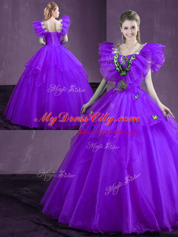 Purple Sleeveless Floor Length Appliques and Ruffles Lace Up Sweet 16 Quinceanera Dress