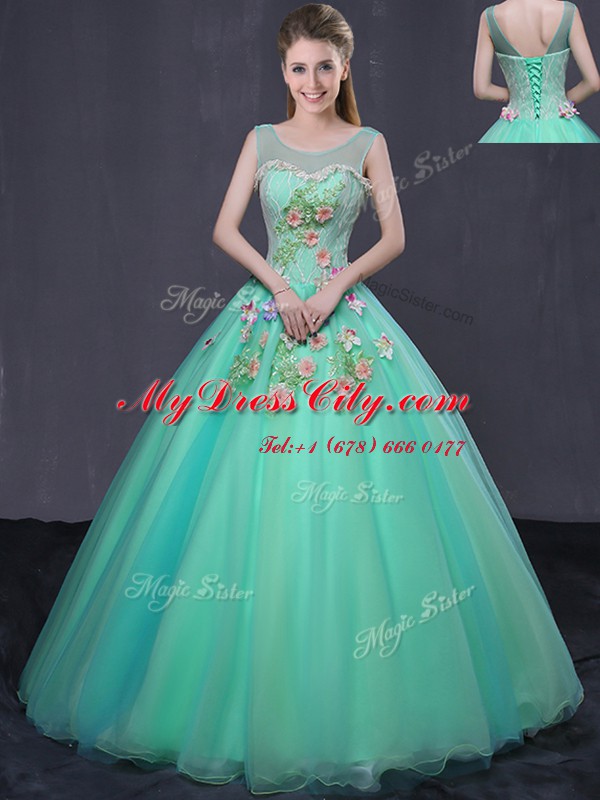 High Quality Scoop Floor Length Ball Gowns Sleeveless Turquoise 15th Birthday Dress Lace Up