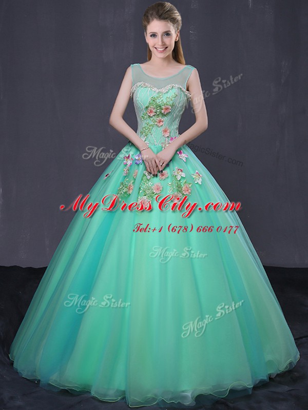 High Quality Scoop Floor Length Ball Gowns Sleeveless Turquoise 15th Birthday Dress Lace Up