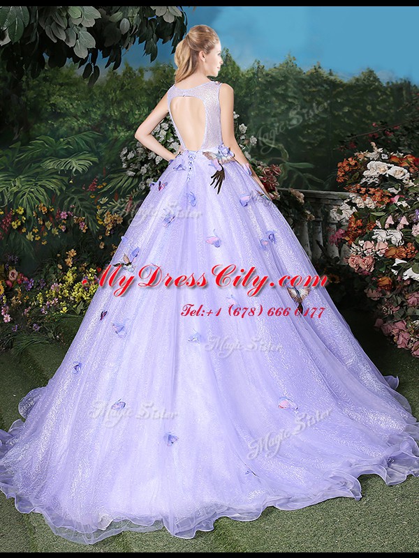 Lovely Scoop Sleeveless Appliques Lace Up Quinceanera Dresses with Lavender Brush Train