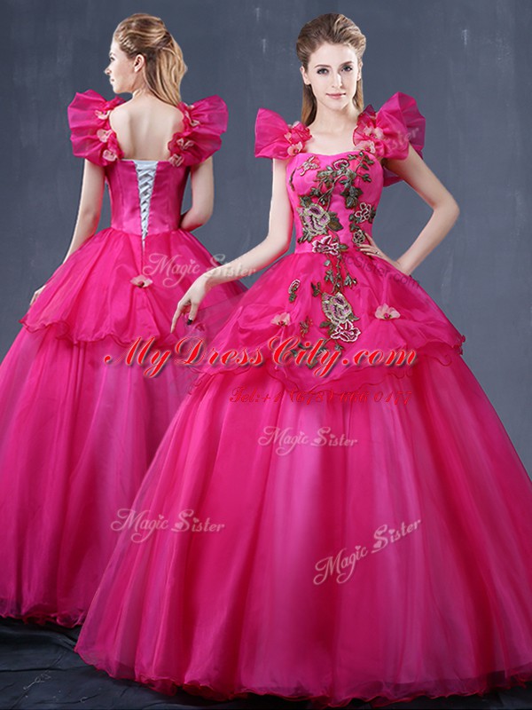 Straps Sleeveless Tulle Quince Ball Gowns Appliques Lace Up