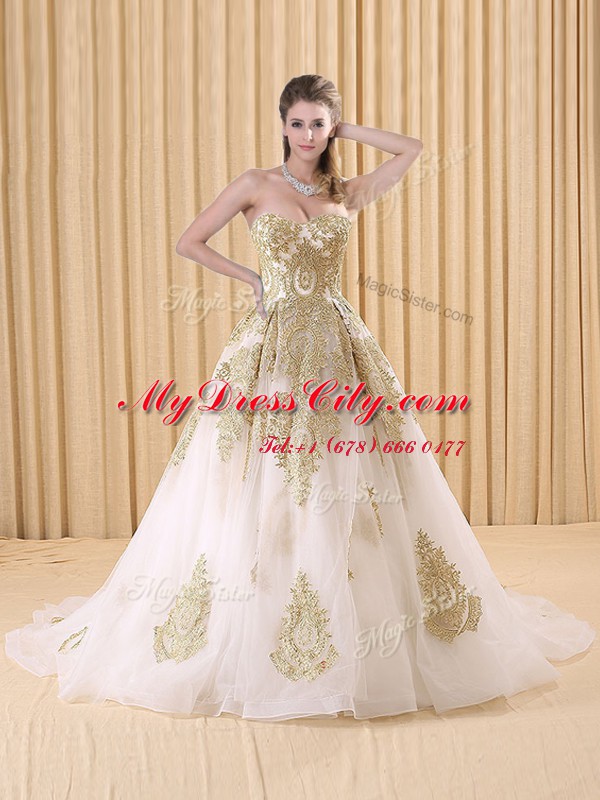 White Quinceanera Gown Military Ball and Sweet 16 and Quinceanera and For with Appliques Sweetheart Sleeveless Sweep Train Lace Up