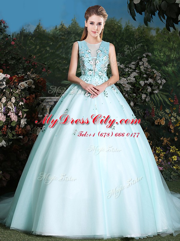 Glittering Scoop Light Blue Ball Gowns Beading and Appliques Sweet 16 Dress Lace Up Tulle Sleeveless