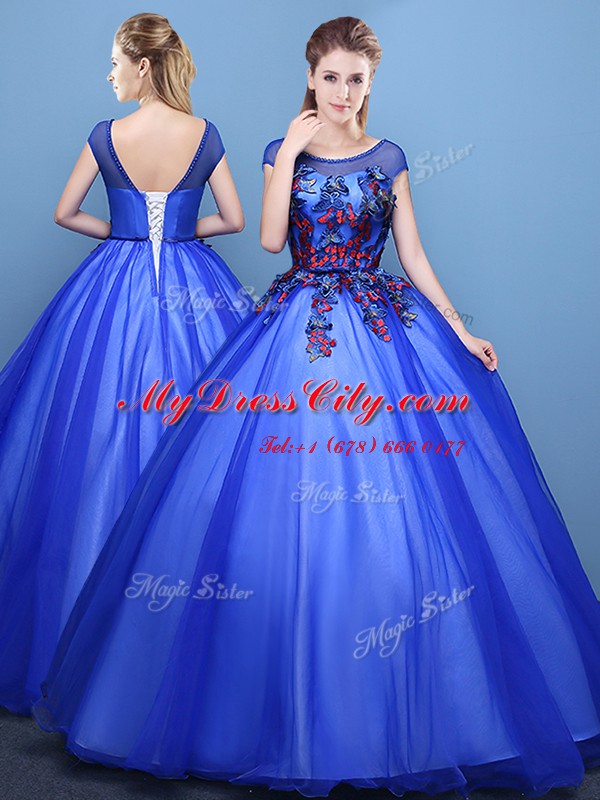 Tulle Scoop Cap Sleeves Lace Up Appliques Sweet 16 Dresses in Royal Blue