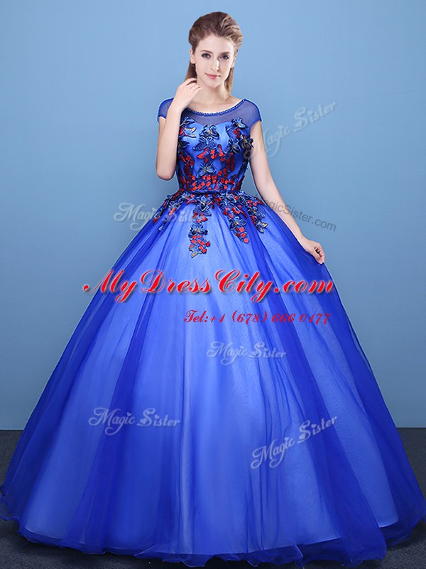 Tulle Scoop Cap Sleeves Lace Up Appliques Sweet 16 Dresses in Royal Blue