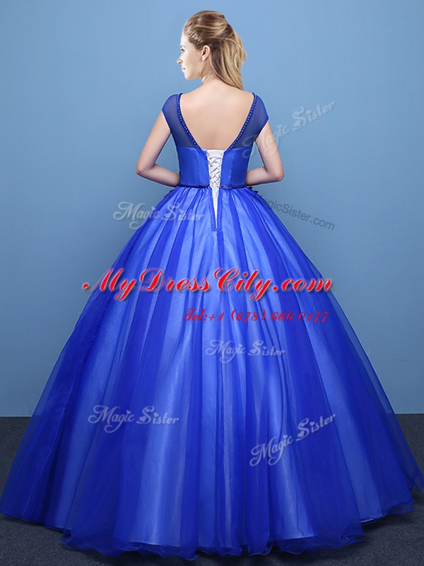 Tulle Scoop Cap Sleeves Lace Up Appliques Sweet 16 Dresses in Royal Blue