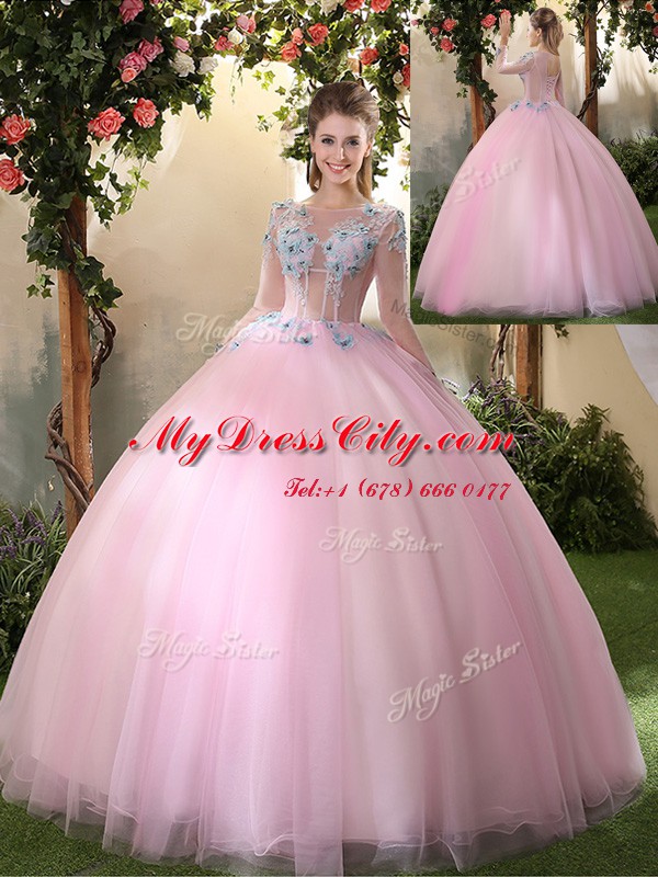 Amazing Ball Gowns Vestidos de Quinceanera Baby Pink Scoop Tulle Long Sleeves Floor Length Lace Up