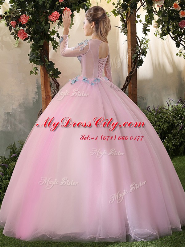 Amazing Ball Gowns Vestidos de Quinceanera Baby Pink Scoop Tulle Long Sleeves Floor Length Lace Up