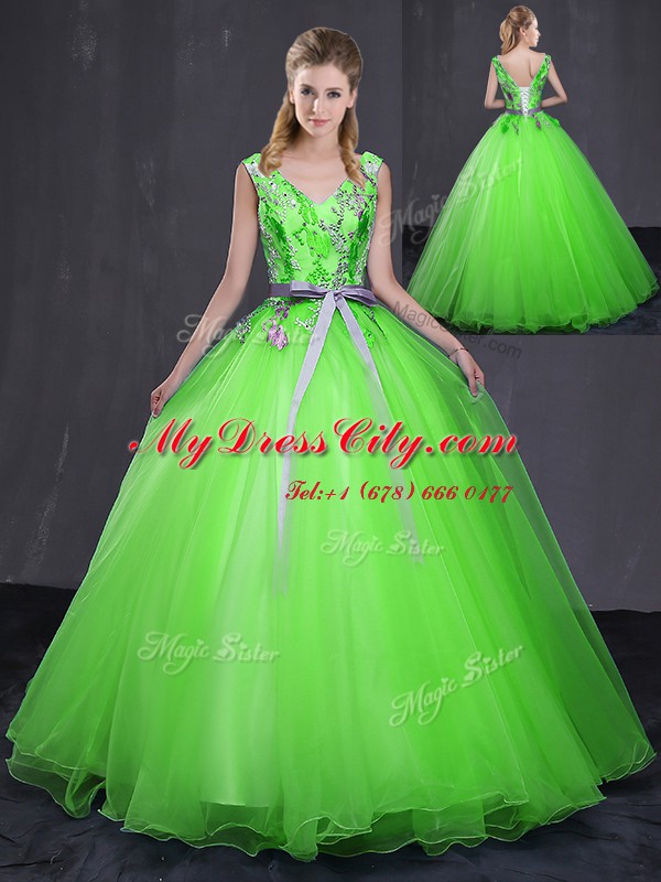 Romantic Tulle Lace Up 15th Birthday Dress Sleeveless Floor Length Appliques and Belt