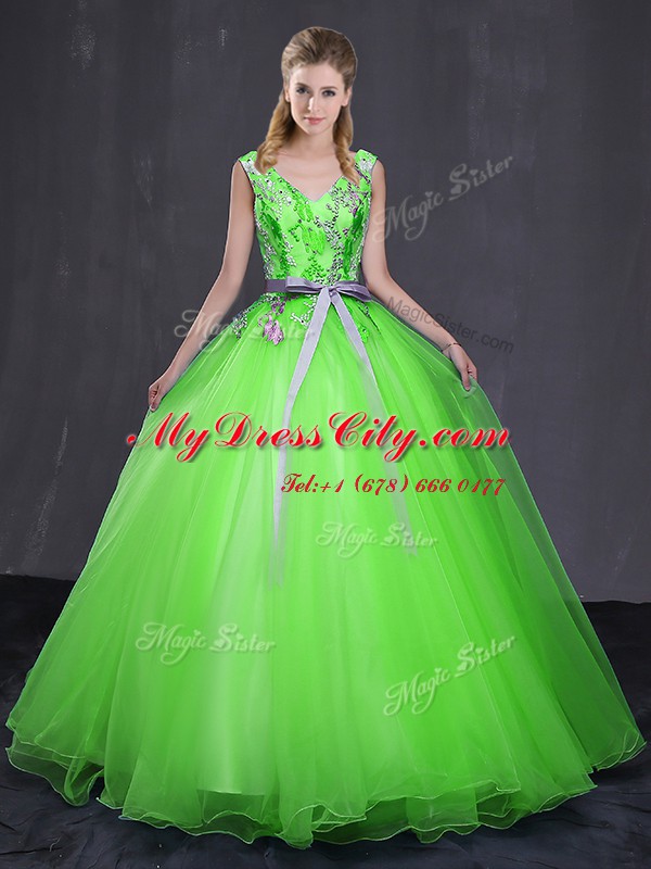 Romantic Tulle Lace Up 15th Birthday Dress Sleeveless Floor Length Appliques and Belt