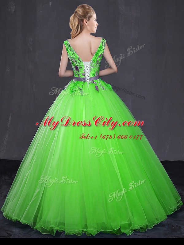 Romantic Tulle Lace Up 15th Birthday Dress Sleeveless Floor Length Appliques and Belt