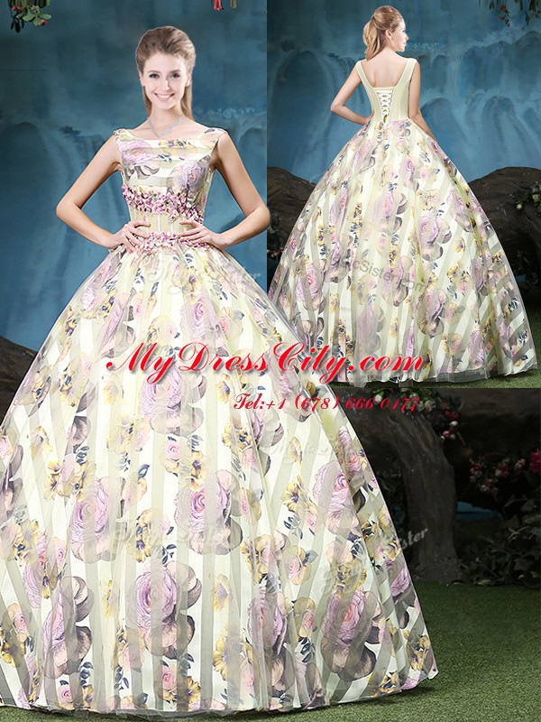 Multi-color Straps Neckline Appliques and Pattern Quinceanera Gowns Sleeveless Lace Up