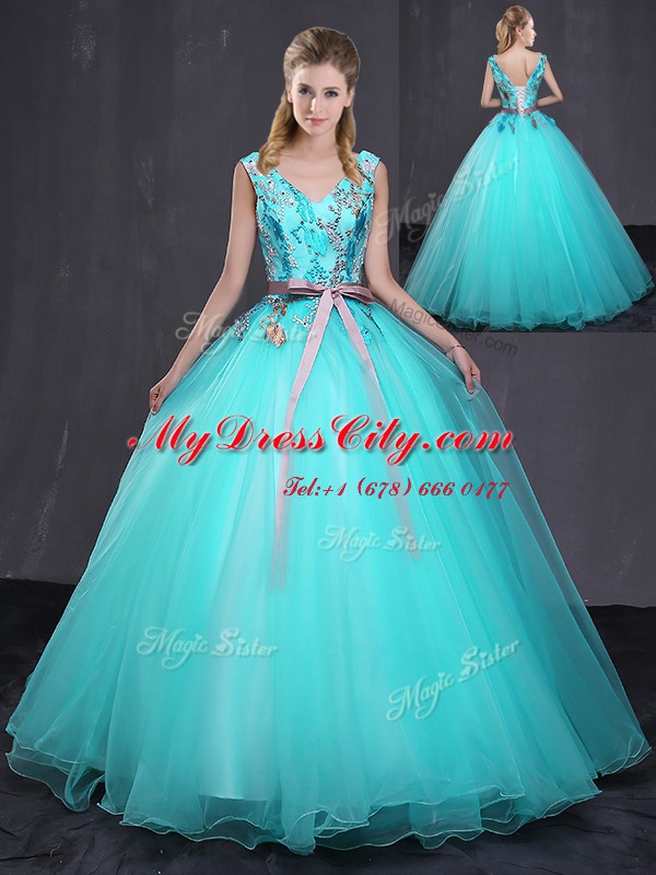 Aqua Blue Sweet 16 Dress Military Ball and Sweet 16 and Quinceanera and For with Appliques and Belt V-neck Sleeveless Lace Up