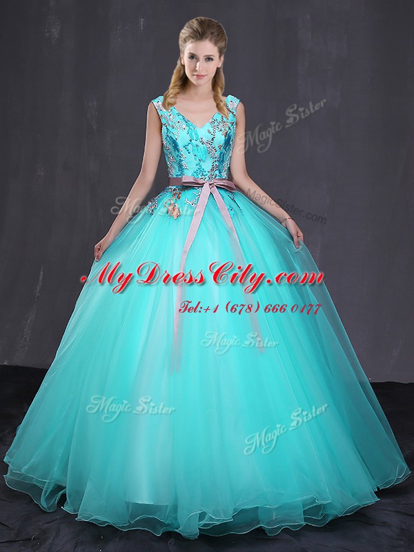 Aqua Blue Sweet 16 Dress Military Ball and Sweet 16 and Quinceanera and For with Appliques and Belt V-neck Sleeveless Lace Up