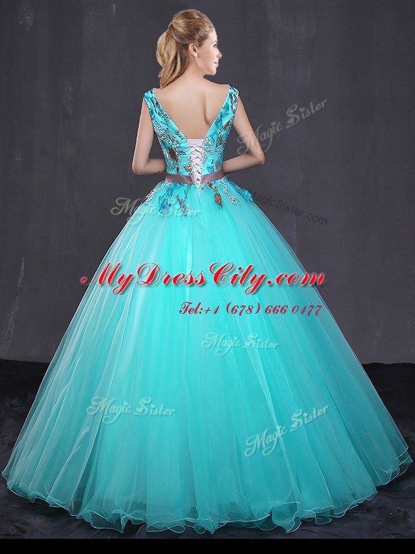 Aqua Blue Sweet 16 Dress Military Ball and Sweet 16 and Quinceanera and For with Appliques and Belt V-neck Sleeveless Lace Up