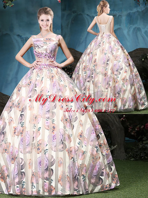 Fantastic Multi-color Quince Ball Gowns Military Ball and Sweet 16 and Quinceanera and For with Appliques and Pattern Straps Sleeveless Lace Up