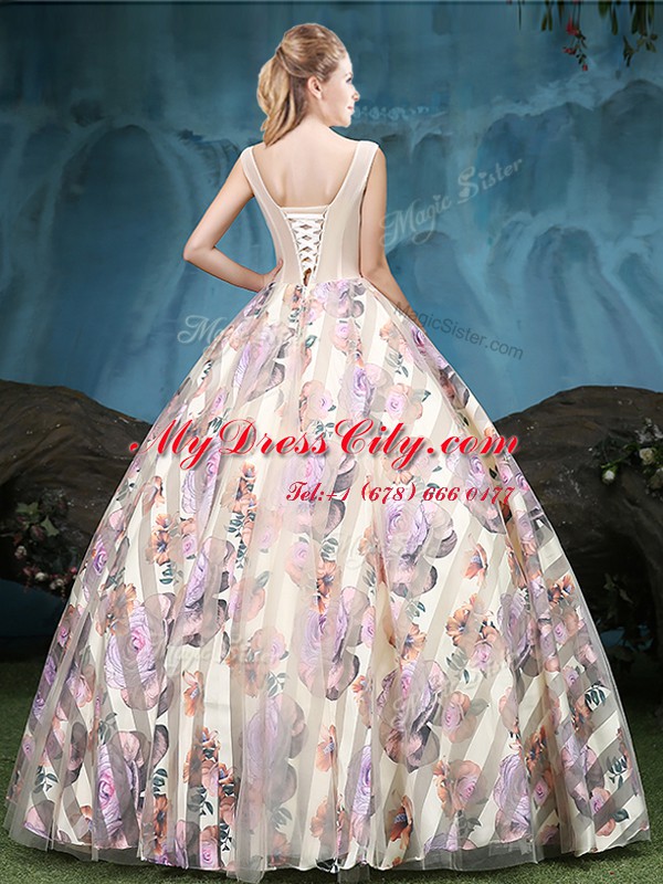 Fantastic Multi-color Quince Ball Gowns Military Ball and Sweet 16 and Quinceanera and For with Appliques and Pattern Straps Sleeveless Lace Up