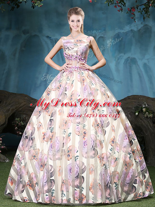 Fantastic Multi-color Quince Ball Gowns Military Ball and Sweet 16 and Quinceanera and For with Appliques and Pattern Straps Sleeveless Lace Up