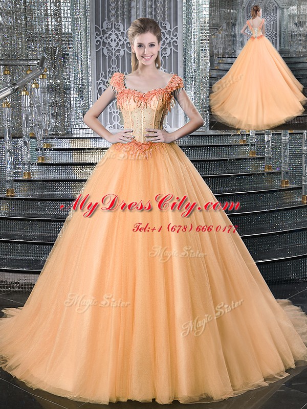 Edgy Straps Orange Sleeveless With Train Beading and Appliques Lace Up Quinceanera Gowns