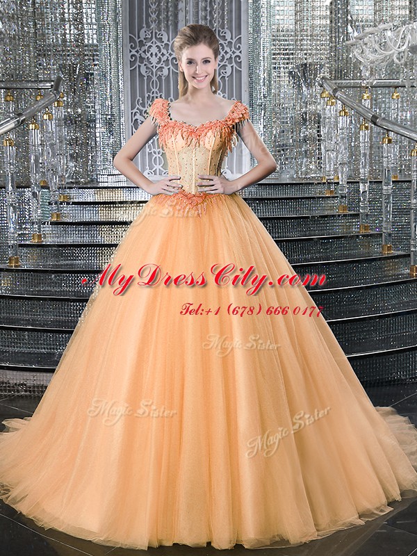 Edgy Straps Orange Sleeveless With Train Beading and Appliques Lace Up Quinceanera Gowns