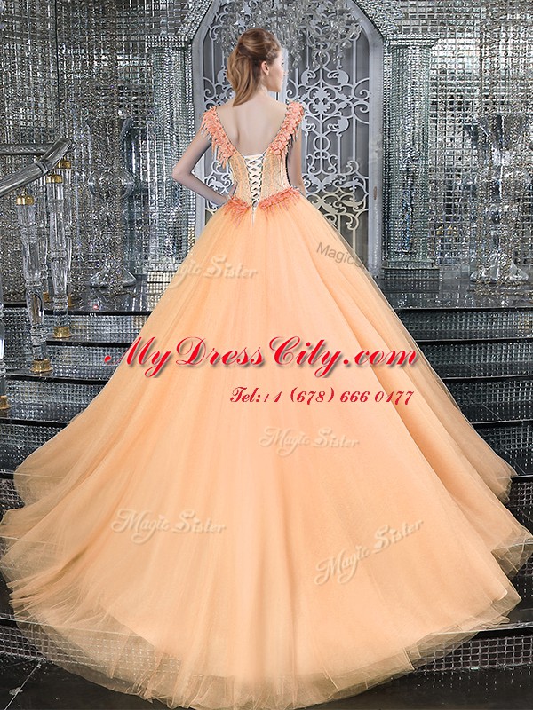 Edgy Straps Orange Sleeveless With Train Beading and Appliques Lace Up Quinceanera Gowns