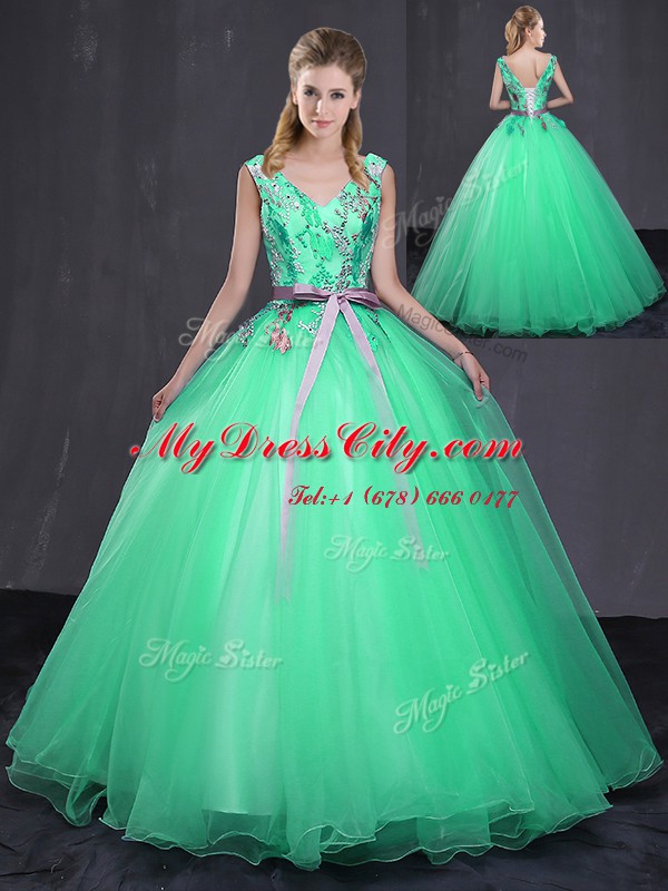 Floor Length Turquoise Quinceanera Dresses V-neck Sleeveless Lace Up