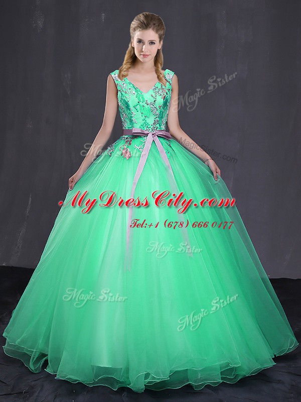 Floor Length Turquoise Quinceanera Dresses V-neck Sleeveless Lace Up