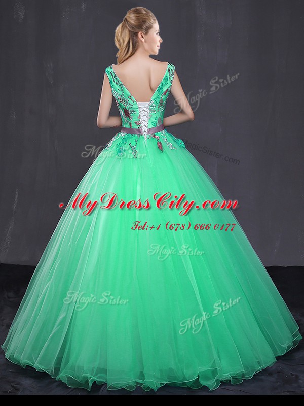 Floor Length Turquoise Quinceanera Dresses V-neck Sleeveless Lace Up