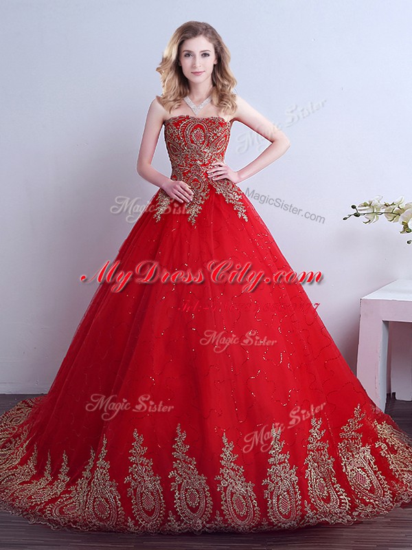 Elegant Sequins Red Sweet 16 Dress Strapless Sleeveless Court Train Lace Up