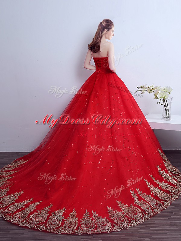 Elegant Sequins Red Sweet 16 Dress Strapless Sleeveless Court Train Lace Up