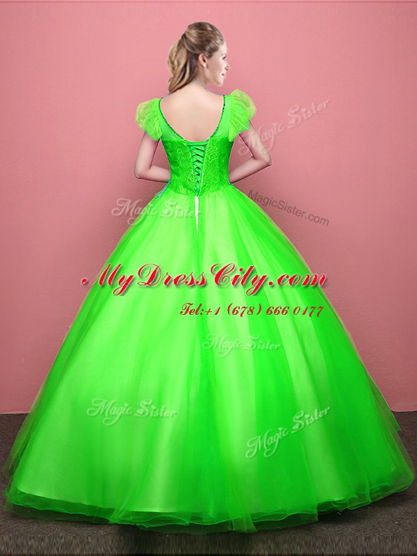 Hot Selling Scoop Short Sleeves Tulle Lace Up Quinceanera Gown for Military Ball and Sweet 16 and Quinceanera