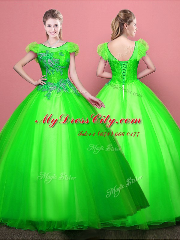 Hot Selling Scoop Short Sleeves Tulle Lace Up Quinceanera Gown for Military Ball and Sweet 16 and Quinceanera