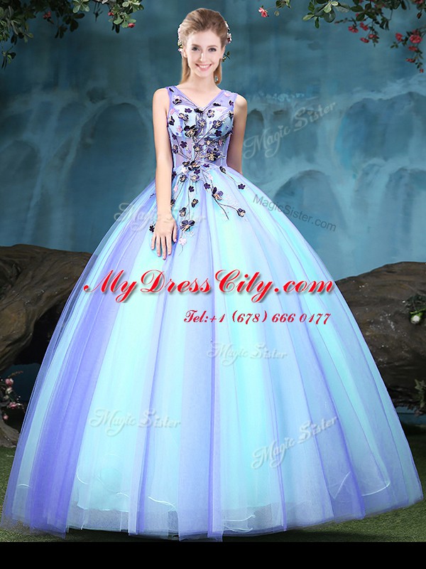 Flirting Sleeveless Floor Length Appliques Lace Up 15th Birthday Dress with Multi-color