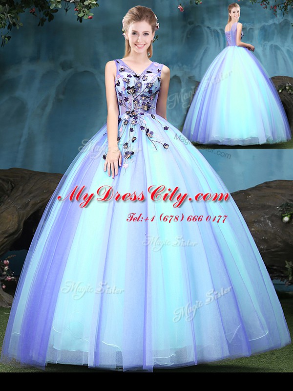 Flirting Sleeveless Floor Length Appliques Lace Up 15th Birthday Dress with Multi-color