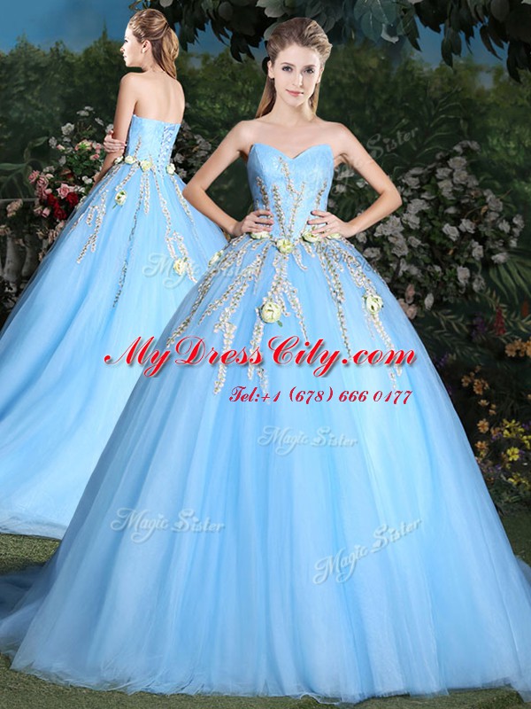 High Class Appliques Quinceanera Gown Light Blue Lace Up Sleeveless Brush Train