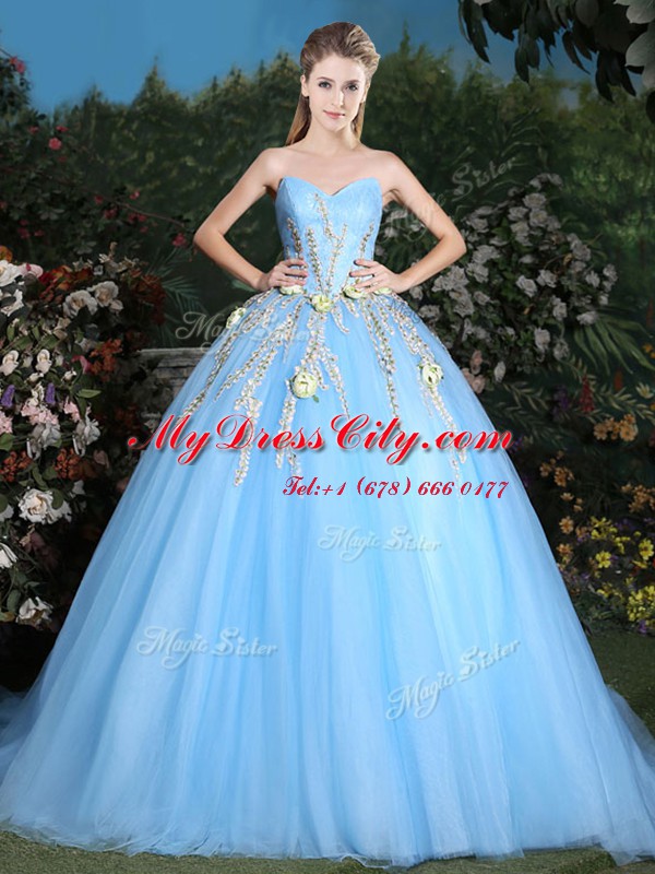 High Class Appliques Quinceanera Gown Light Blue Lace Up Sleeveless Brush Train