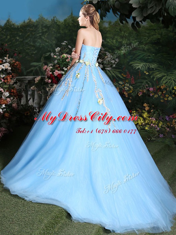 High Class Appliques Quinceanera Gown Light Blue Lace Up Sleeveless Brush Train