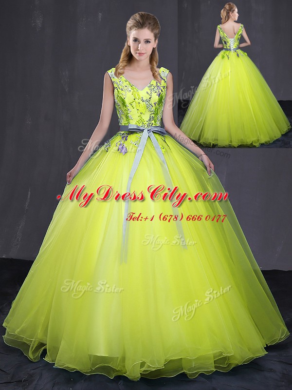 Ball Gowns Sweet 16 Quinceanera Dress Yellow Green V-neck Tulle Sleeveless Floor Length Lace Up